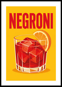 Ein roter Negroni mit einer Orangenscheibe in einem warmen, grafischen Retro-Stil.-0
