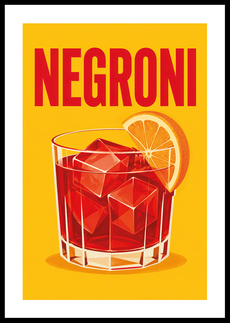 Ein roter Negroni mit einer Orangenscheibe in einem warmen, grafischen Retro-Stil.-12