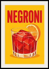 Ein roter Negroni mit einer Orangenscheibe in einem warmen, grafischen Retro-Stil.-2