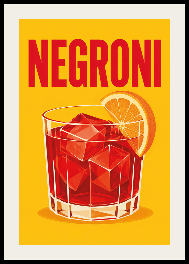Ein roter Negroni mit einer Orangenscheibe in einem warmen, grafischen Retro-Stil.-12