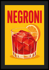 Ein roter Negroni mit einer Orangenscheibe in einem warmen, grafischen Retro-Stil.-4