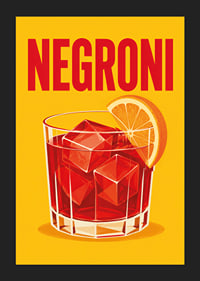 Ein roter Negroni mit einer Orangenscheibe in einem warmen, grafischen Retro-Stil.-5