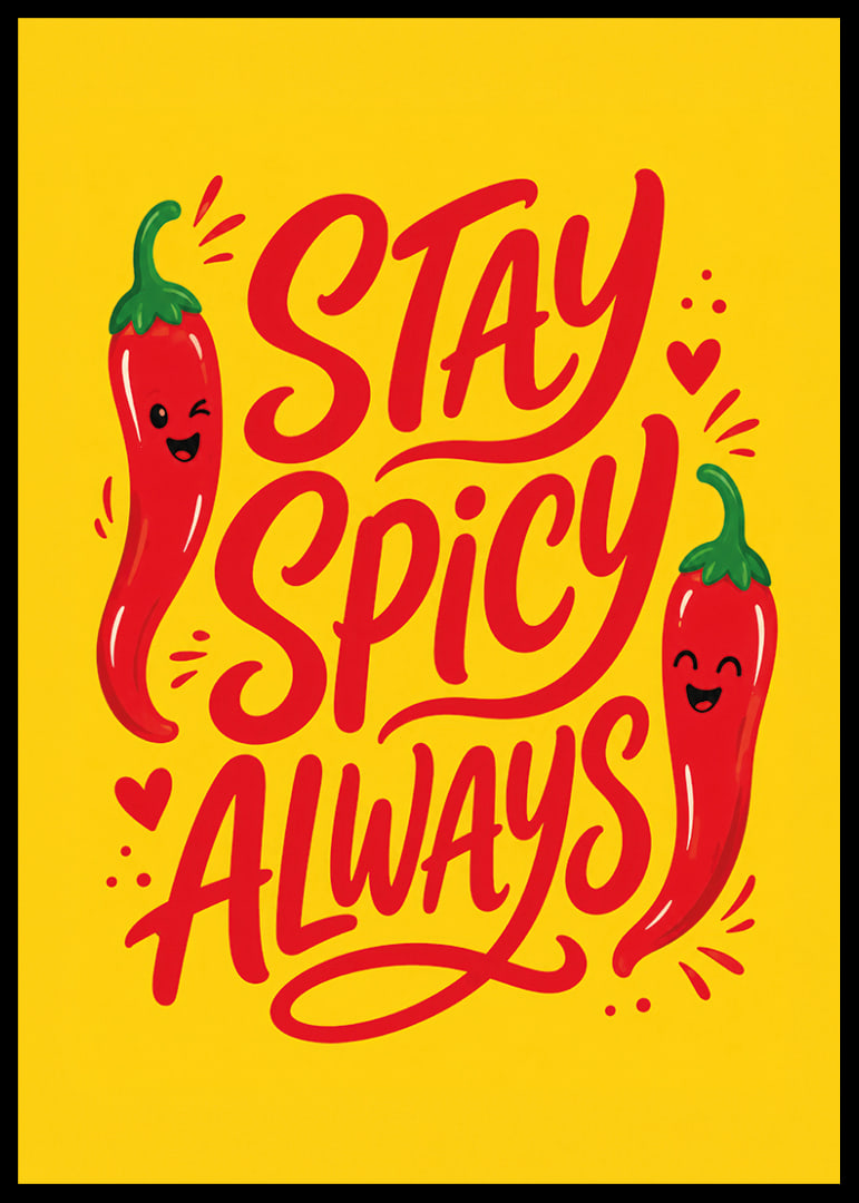 Verspieltes typografisches Poster mit fröhlichen roten Chilischoten auf warmem Gelb.-12