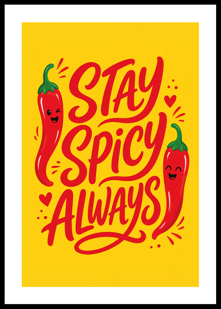 Verspieltes typografisches Poster mit fröhlichen roten Chilischoten auf warmem Gelb.-12