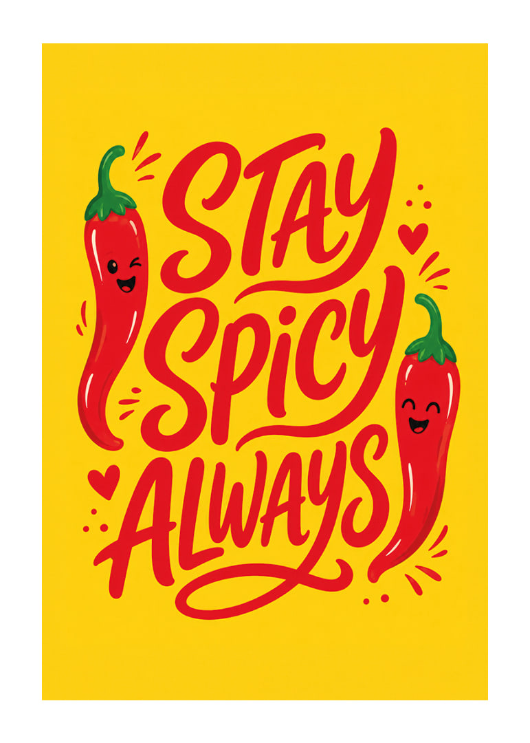 Verspieltes typografisches Poster mit fröhlichen roten Chilischoten auf warmem Gelb.-12
