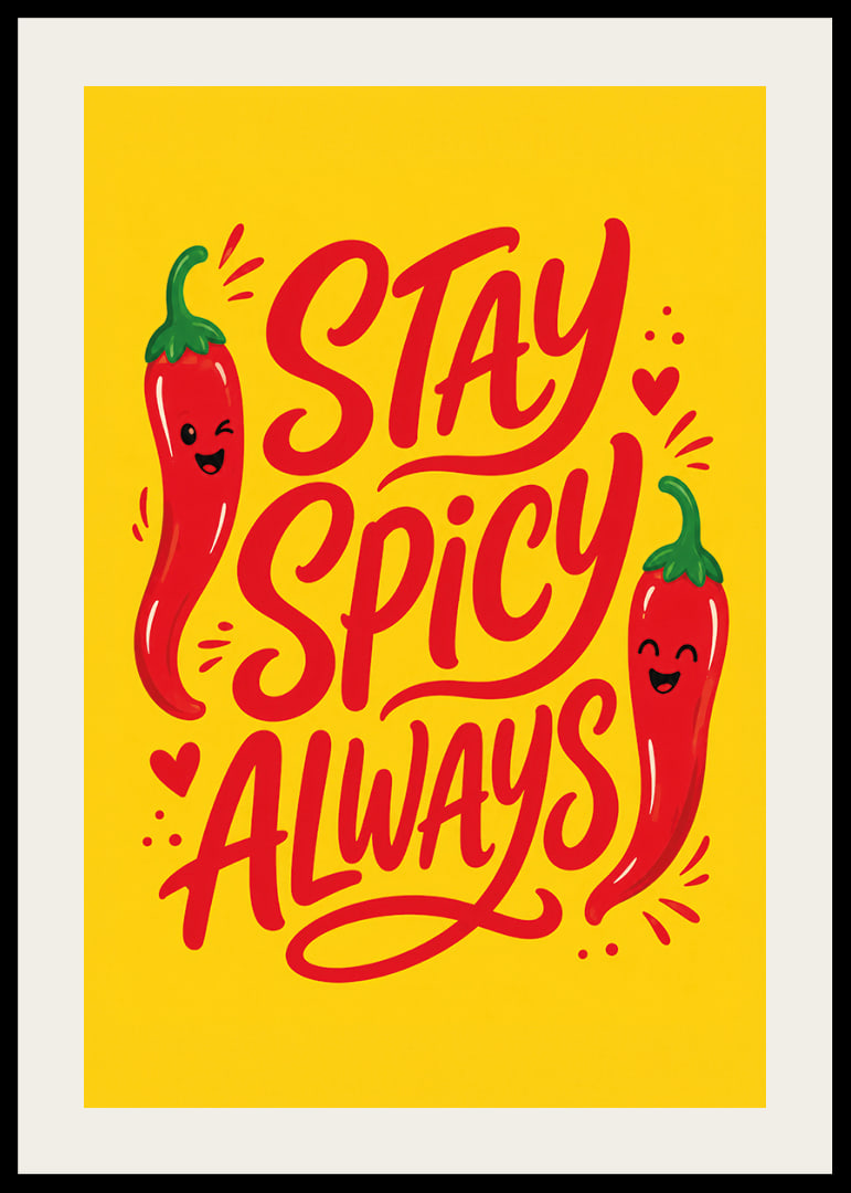 Verspieltes typografisches Poster mit fröhlichen roten Chilischoten auf warmem Gelb.-12