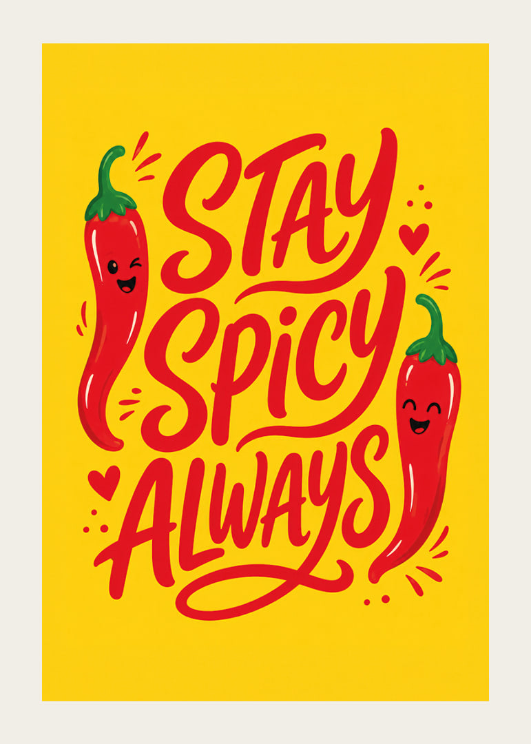 Verspieltes typografisches Poster mit fröhlichen roten Chilischoten auf warmem Gelb.-12