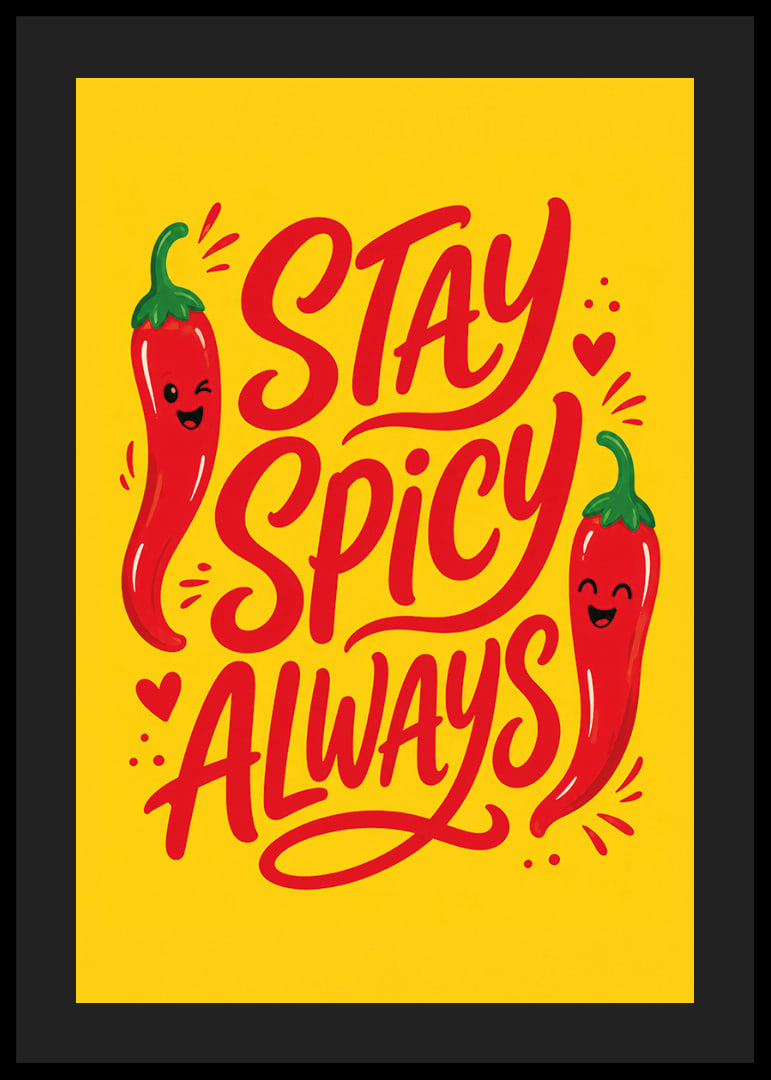 Verspieltes typografisches Poster mit fröhlichen roten Chilischoten auf warmem Gelb.-12