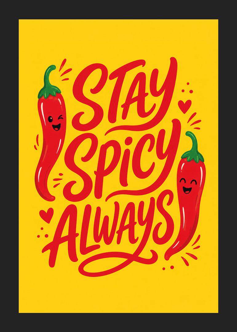 Verspieltes typografisches Poster mit fröhlichen roten Chilischoten auf warmem Gelb.-12