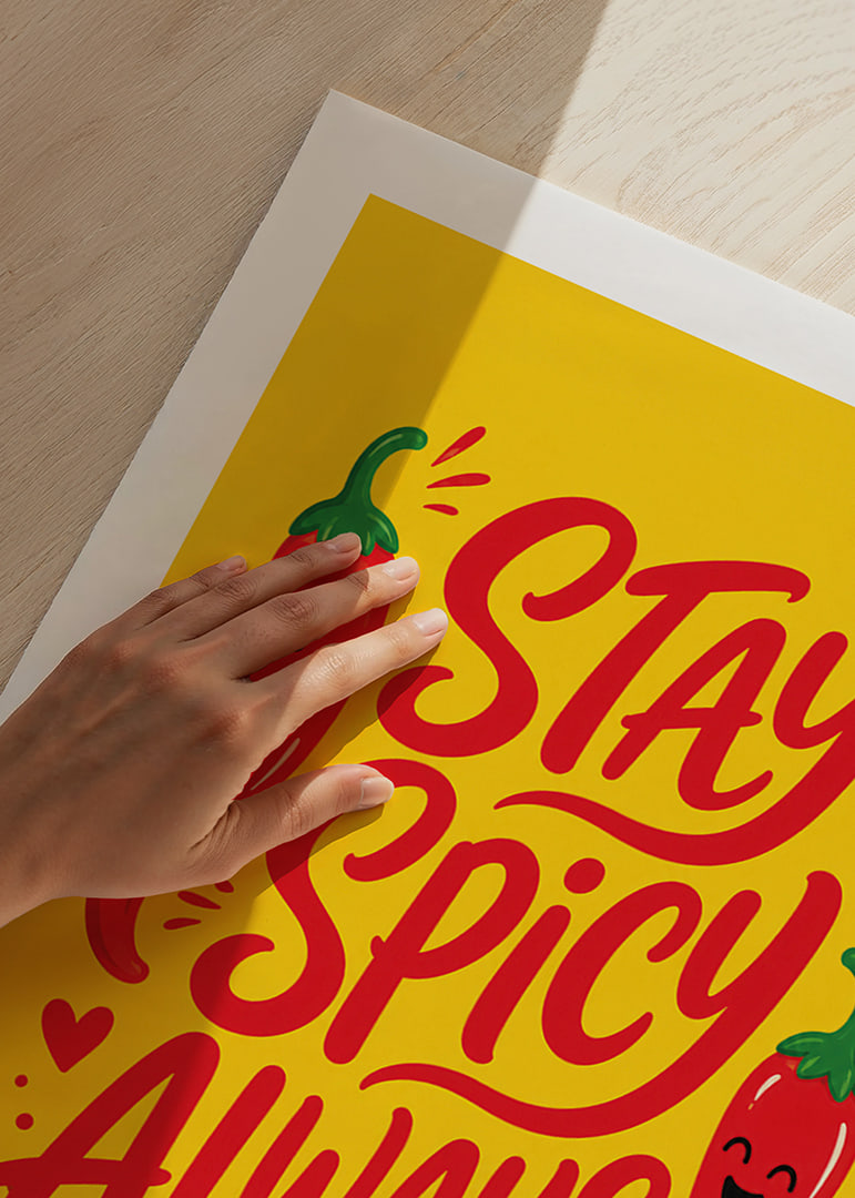 Verspieltes typografisches Poster mit fröhlichen roten Chilischoten auf warmem Gelb.-12