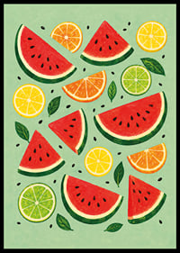 Verspielte Illustration von Wassermelone, Zitrusfrüchten und grünen Blättern in sommerlichen Farben.-6