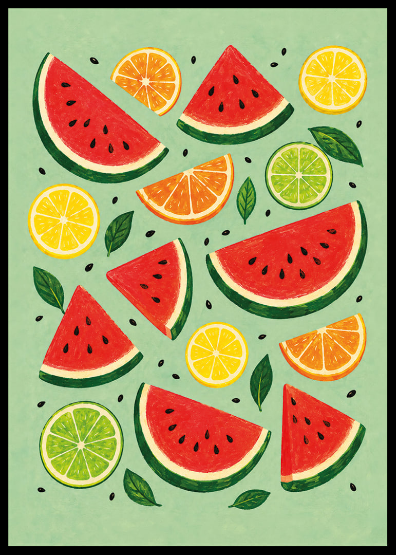 Verspielte Illustration von Wassermelone, Zitrusfrüchten und grünen Blättern in sommerlichen Farben.-12