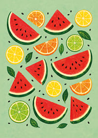 Verspielte Illustration von Wassermelone, Zitrusfrüchten und grünen Blättern in sommerlichen Farben.-7