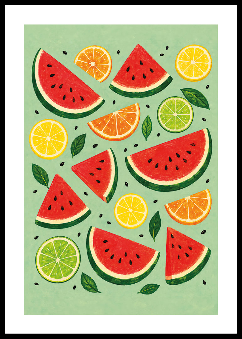 Verspielte Illustration von Wassermelone, Zitrusfrüchten und grünen Blättern in sommerlichen Farben.-12