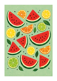 Verspielte Illustration von Wassermelone, Zitrusfrüchten und grünen Blättern in sommerlichen Farben.-1