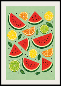 Verspielte Illustration von Wassermelone, Zitrusfrüchten und grünen Blättern in sommerlichen Farben.-2