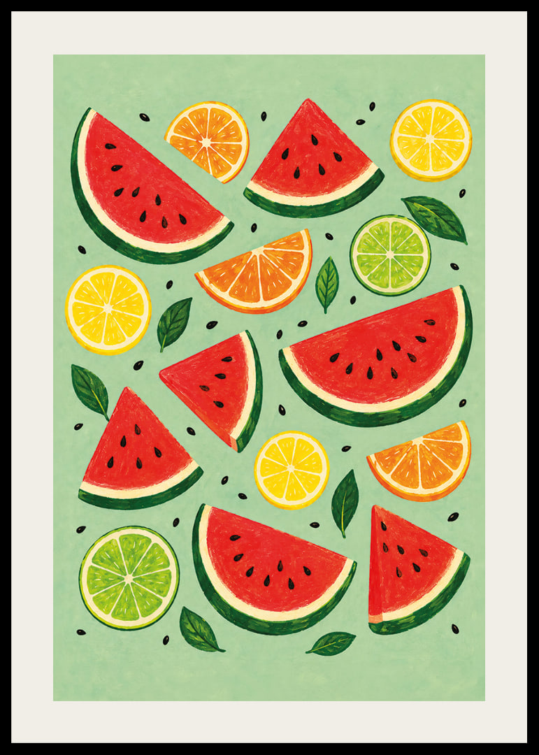 Verspielte Illustration von Wassermelone, Zitrusfrüchten und grünen Blättern in sommerlichen Farben.-12