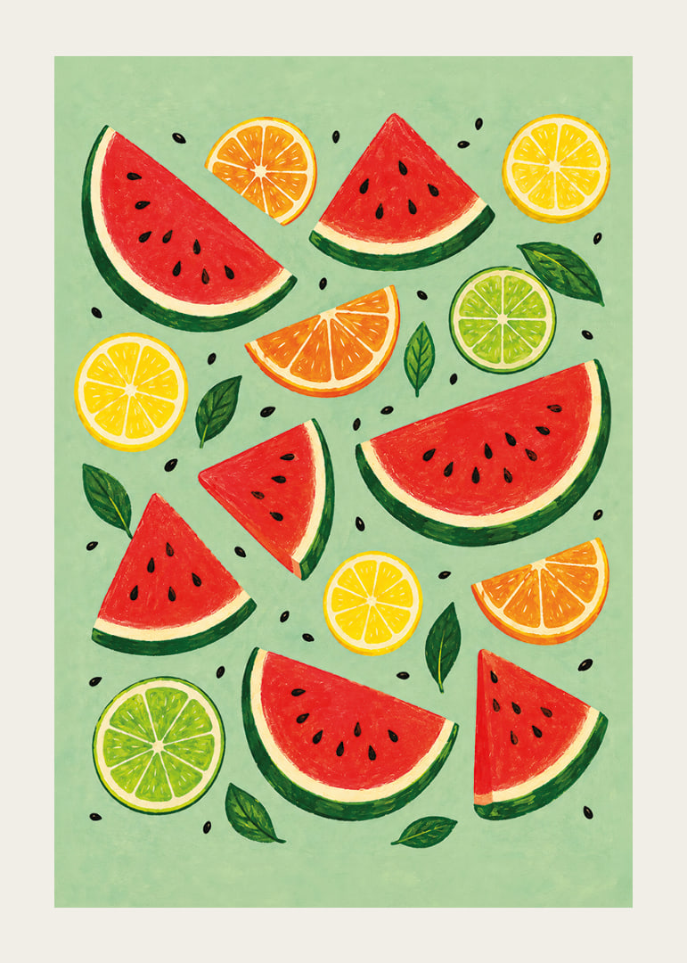 Verspielte Illustration von Wassermelone, Zitrusfrüchten und grünen Blättern in sommerlichen Farben.-12