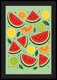 Verspielte Illustration von Wassermelone, Zitrusfrüchten und grünen Blättern in sommerlichen Farben.-4
