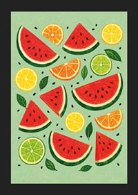 Verspielte Illustration von Wassermelone, Zitrusfrüchten und grünen Blättern in sommerlichen Farben.-5