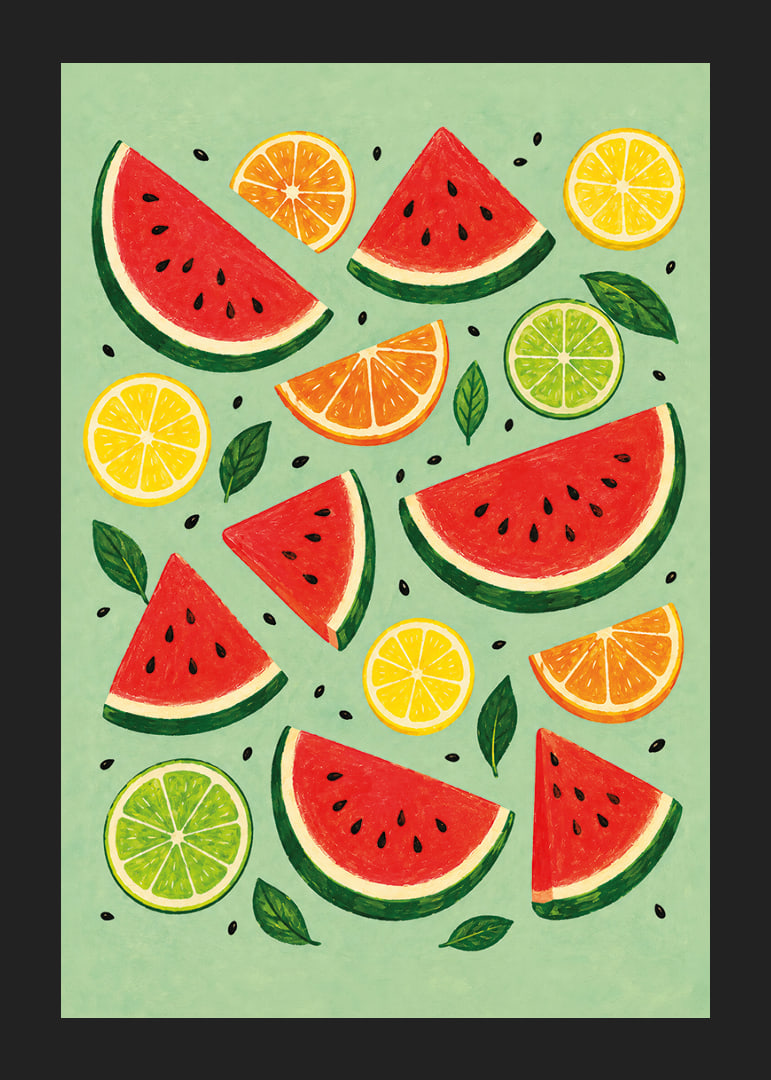 Verspielte Illustration von Wassermelone, Zitrusfrüchten und grünen Blättern in sommerlichen Farben.-12