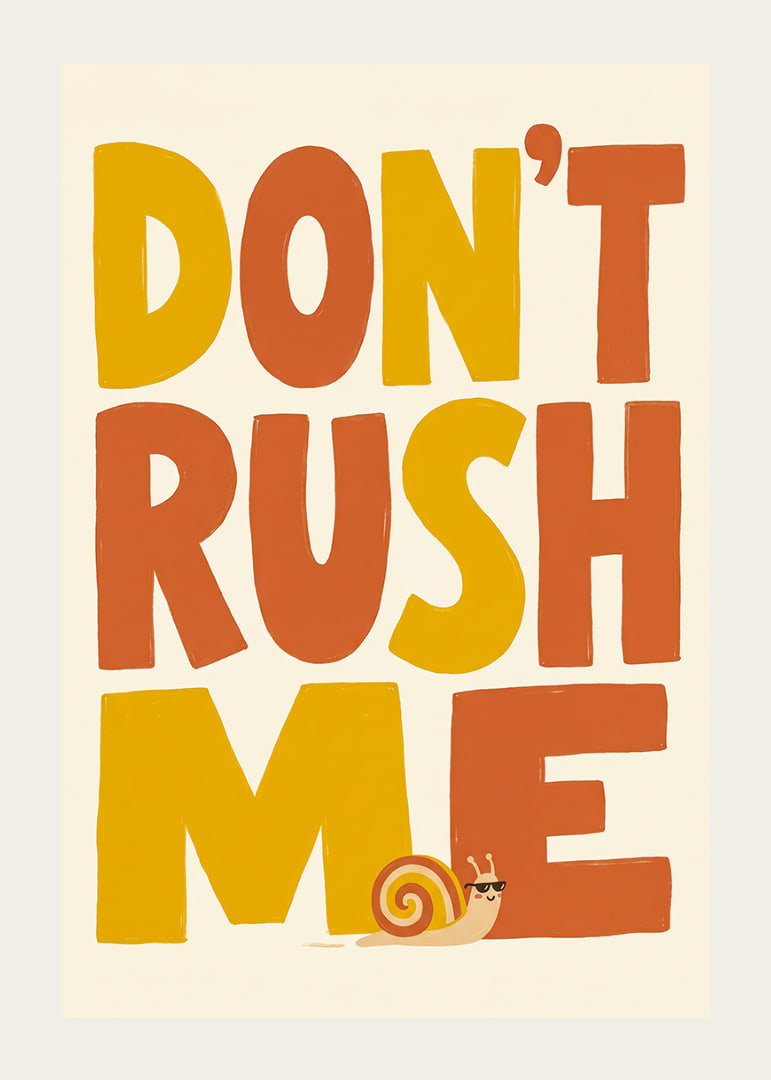 Speelse typografische poster met een slak en de boodschap om het rustig aan te doen.-12