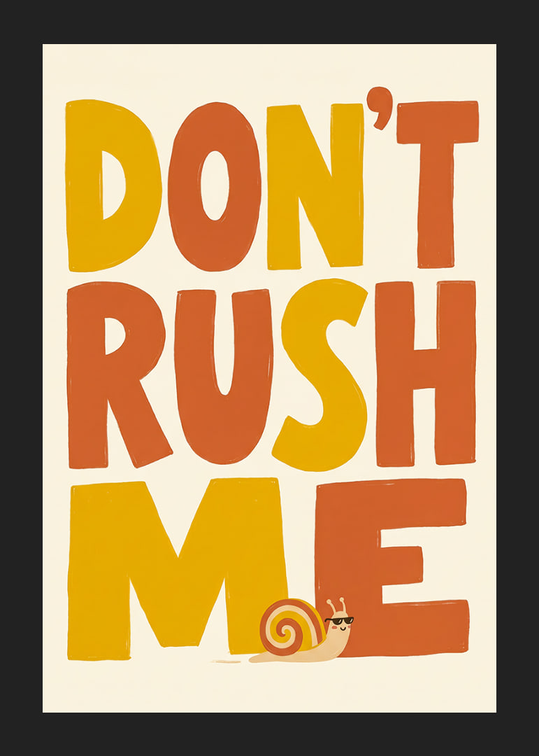 Speelse typografische poster met een slak en de boodschap om het rustig aan te doen.-12