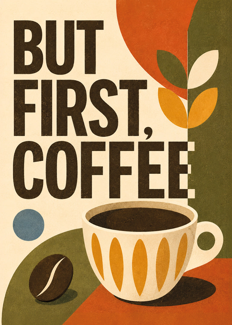 Kaffeeposter im Retro-Stil mit Typografie, Tasse und warmen Erdtönen.-12