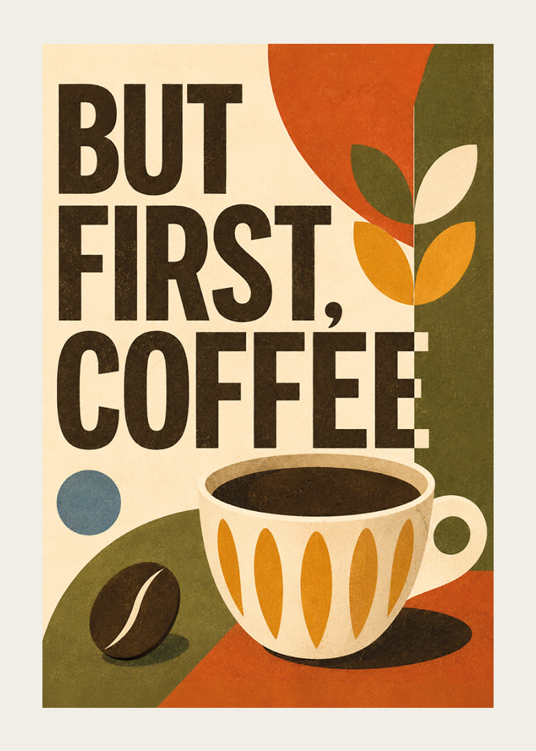 Kaffeeposter im Retro-Stil mit Typografie, Tasse und warmen Erdtönen.-12