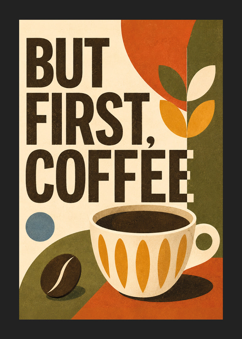 Kaffeeposter im Retro-Stil mit Typografie, Tasse und warmen Erdtönen.-12