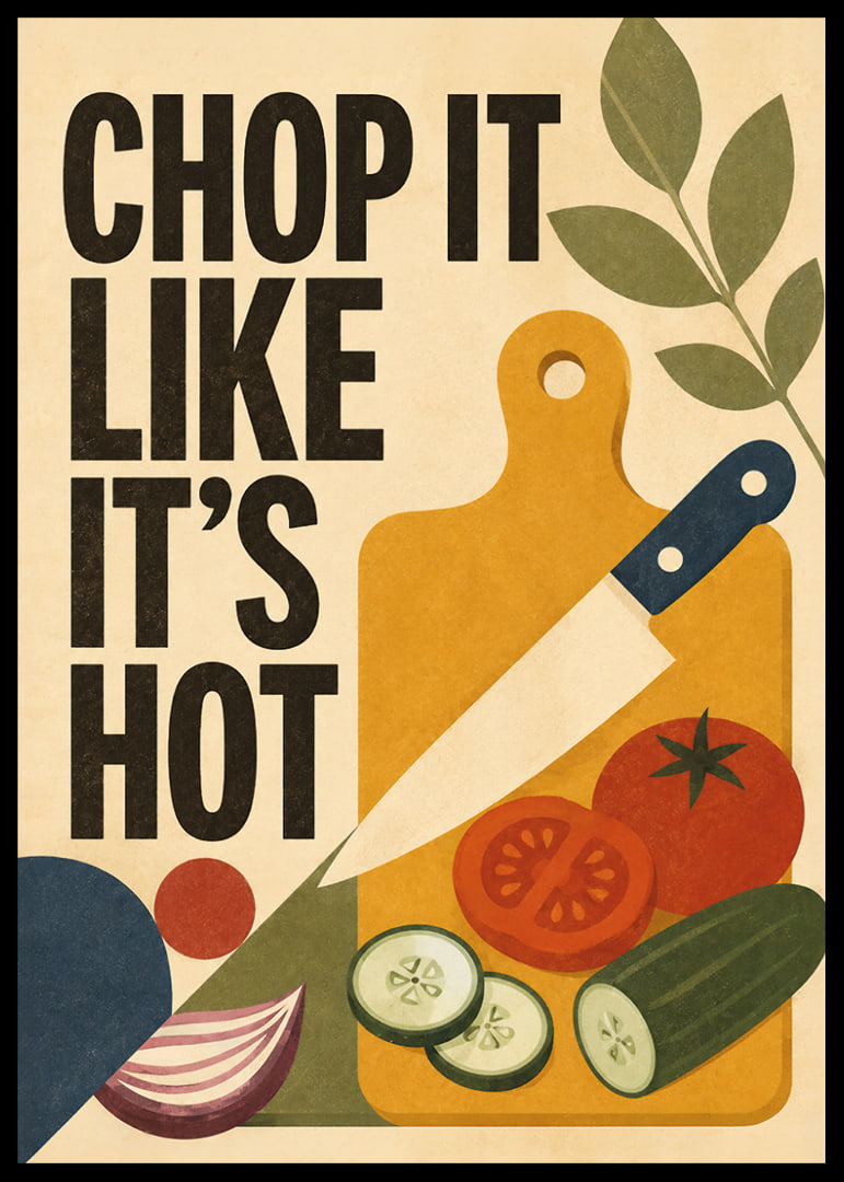 Küchenposter im Retro-Stil mit Gemüse, Schneidebrett und verspielter Typografie.-12