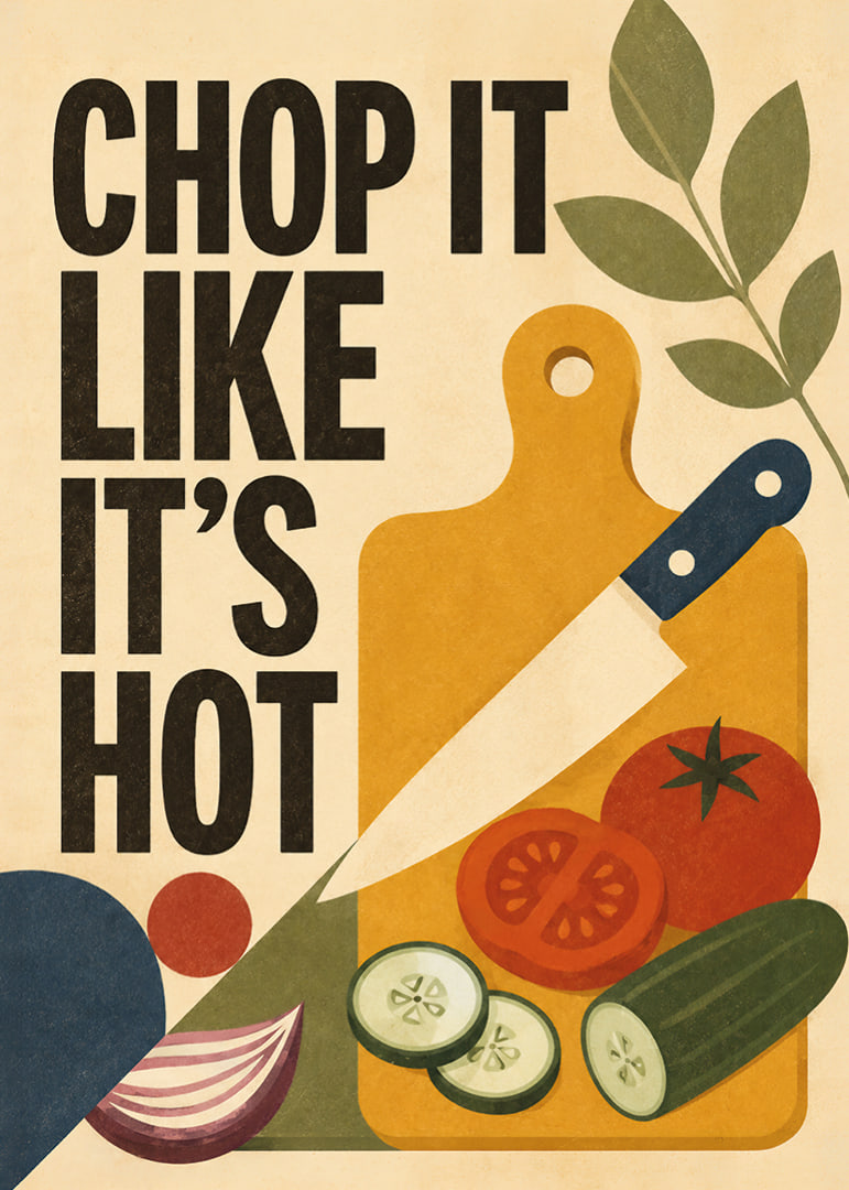 Küchenposter im Retro-Stil mit Gemüse, Schneidebrett und verspielter Typografie.-12