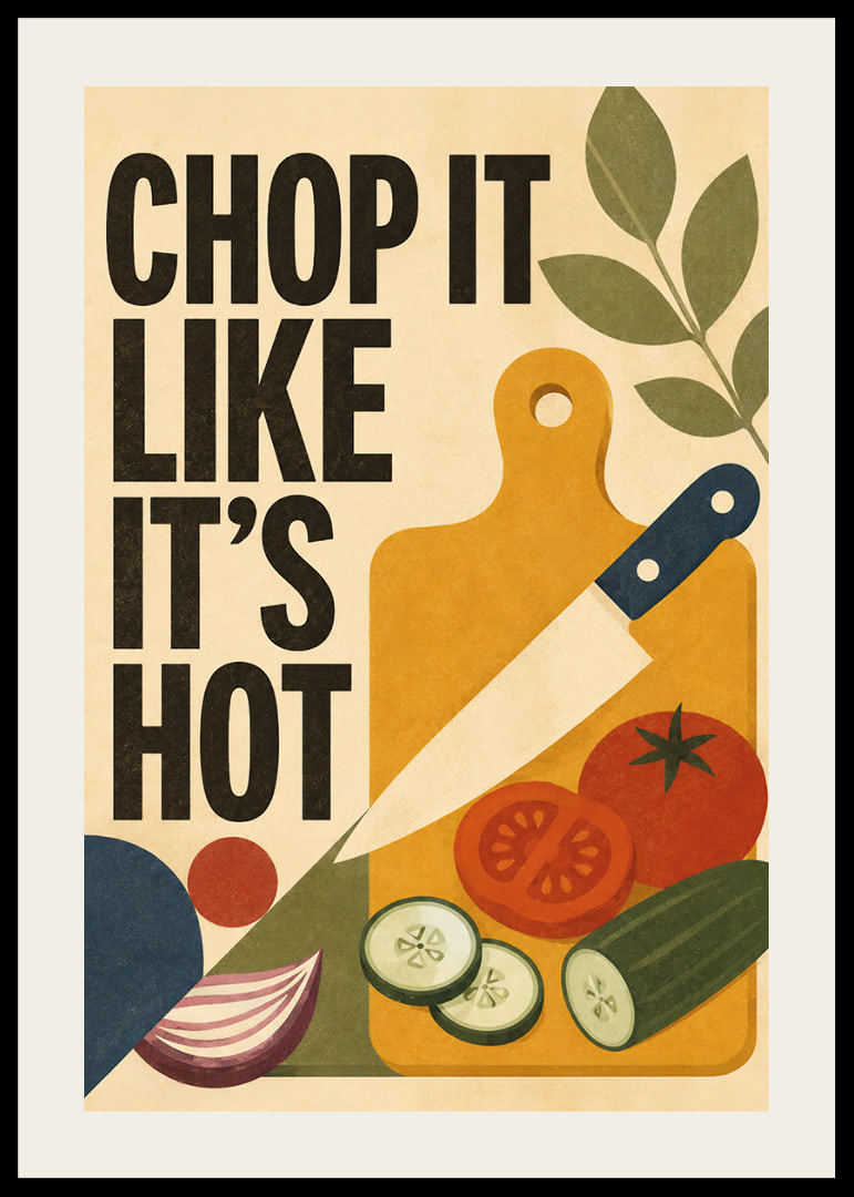 Küchenposter im Retro-Stil mit Gemüse, Schneidebrett und verspielter Typografie.-12