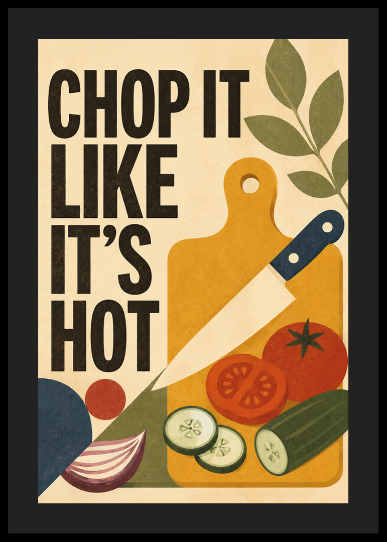 Küchenposter im Retro-Stil mit Gemüse, Schneidebrett und verspielter Typografie.-12