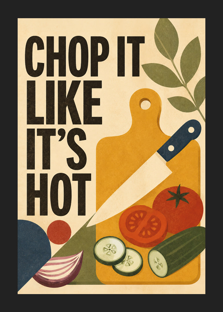Küchenposter im Retro-Stil mit Gemüse, Schneidebrett und verspielter Typografie.-12