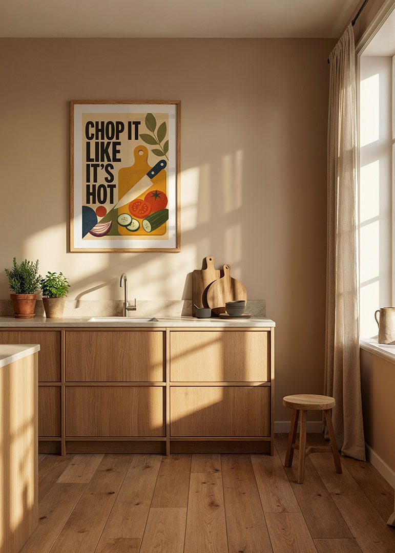 Küchenposter im Retro-Stil mit Gemüse, Schneidebrett und verspielter Typografie.-12