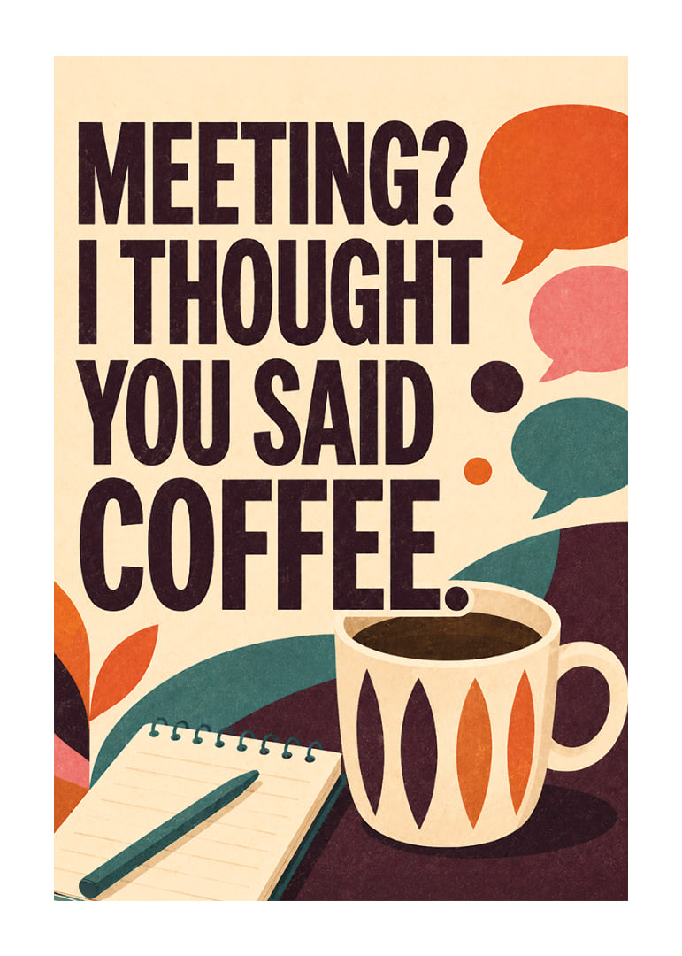 Retro-geïnspireerde poster met koffie, notitieboekje en een pakkende kantoorquote.-12