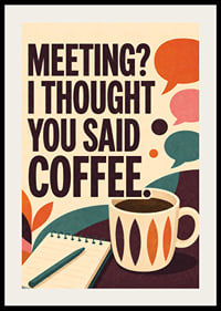Retro-geïnspireerde poster met koffie, notitieboekje en een pakkende kantoorquote.-2
