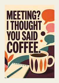 Retro-geïnspireerde poster met koffie, notitieboekje en een pakkende kantoorquote.-3
