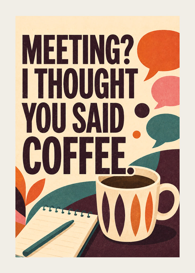 Retro-geïnspireerde poster met koffie, notitieboekje en een pakkende kantoorquote.-12