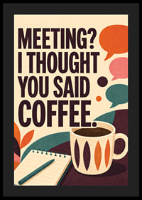Retro-geïnspireerde poster met koffie, notitieboekje en een pakkende kantoorquote.-4