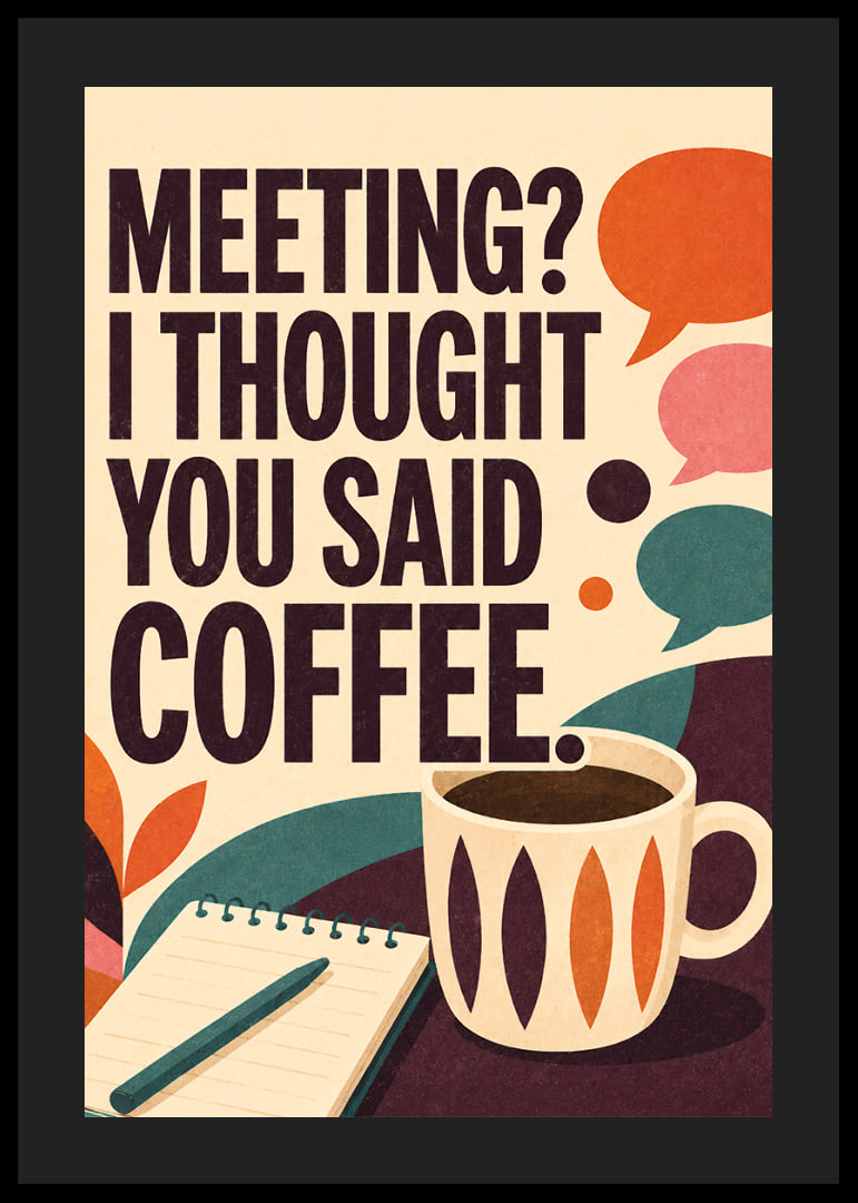 Retro-geïnspireerde poster met koffie, notitieboekje en een pakkende kantoorquote.-12