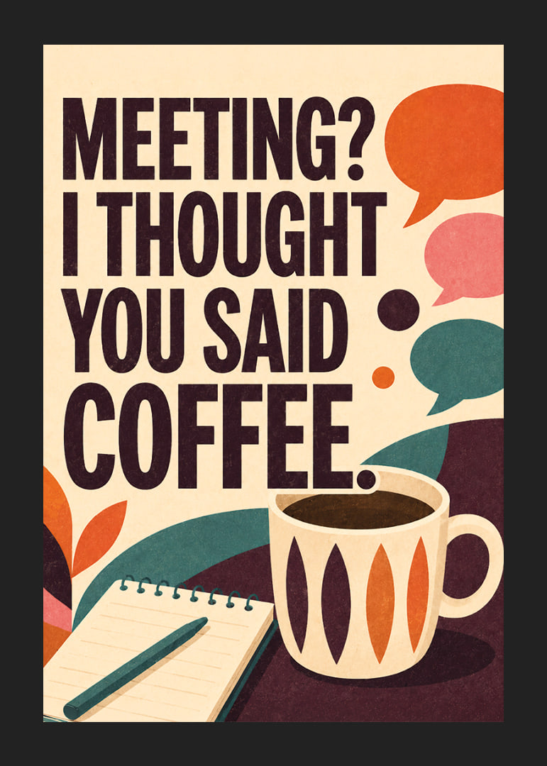 Retro-geïnspireerde poster met koffie, notitieboekje en een pakkende kantoorquote.-12
