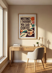 Retro-geïnspireerde poster met koffie, notitieboekje en een pakkende kantoorquote.-8