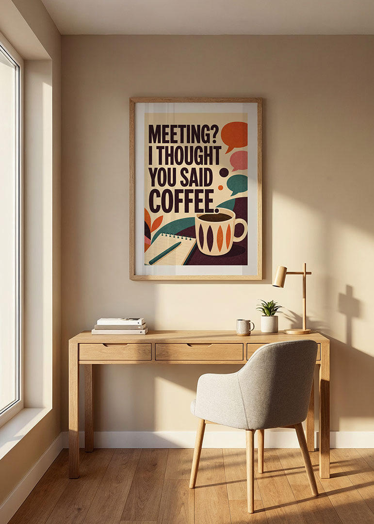 Retro-geïnspireerde poster met koffie, notitieboekje en een pakkende kantoorquote.-12