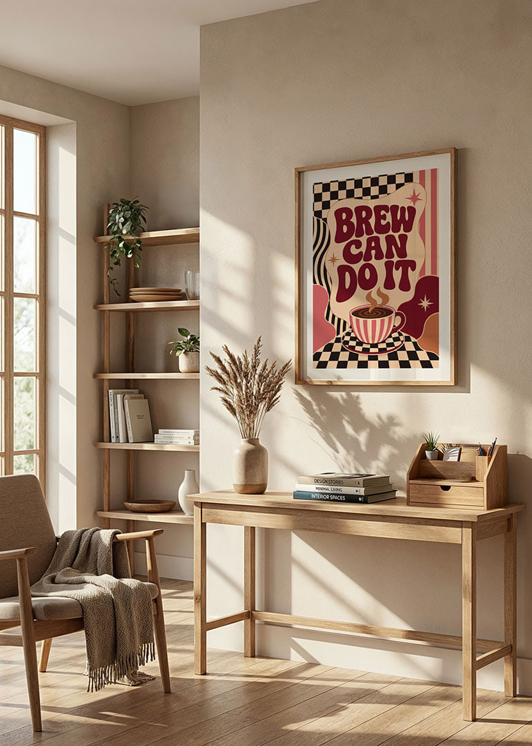 Kaffeeposter im Retro-Stil mit verspielter Typografie und warmen Farben.-12