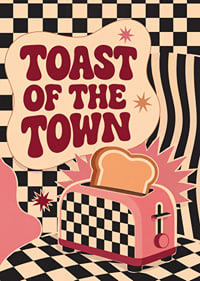 Ein rosafarbener Retro-Toaster vor kariertem Hintergrund verbreitet eine verspielte Frühstücksstimmung.-7