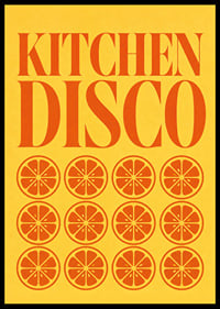 Grafisches Küchenposter mit orangefarbenen Scheiben und einem vom Disco-Stil inspirierten Retro-Flair.-6