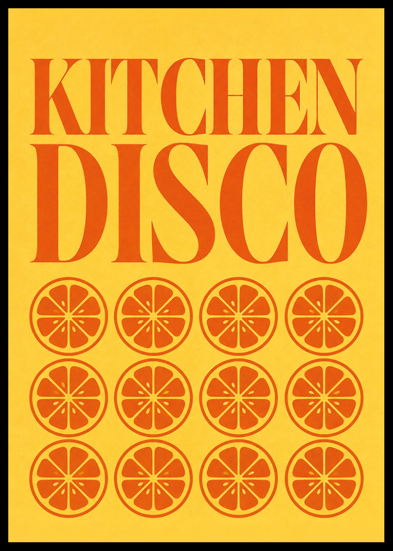 Grafisches Küchenposter mit orangefarbenen Scheiben und einem vom Disco-Stil inspirierten Retro-Flair.-12