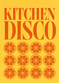 Grafisches Küchenposter mit orangefarbenen Scheiben und einem vom Disco-Stil inspirierten Retro-Flair.-7